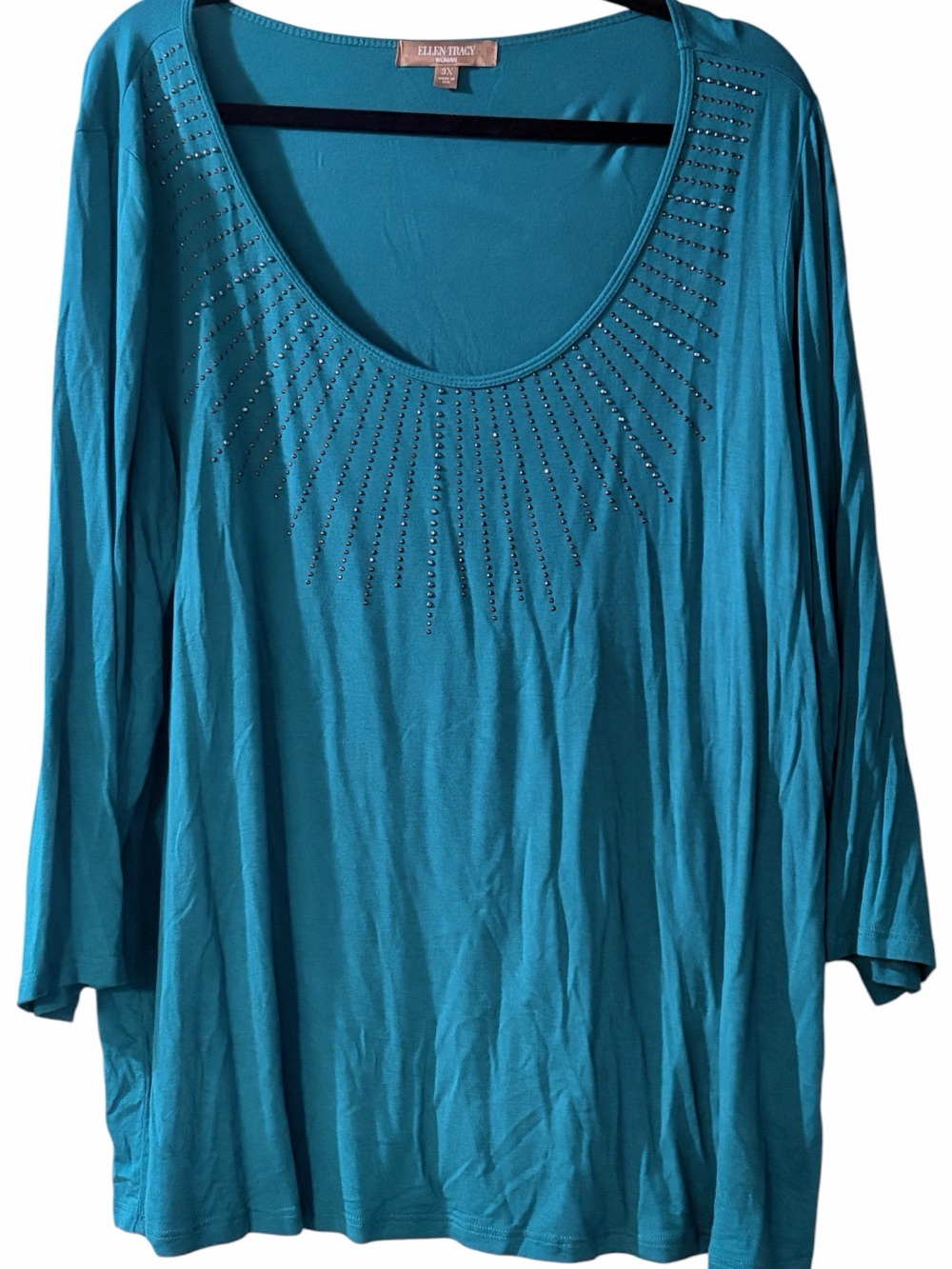 Ellen Tracy Plus Size Teal Blue Embellished Knit Top 3X